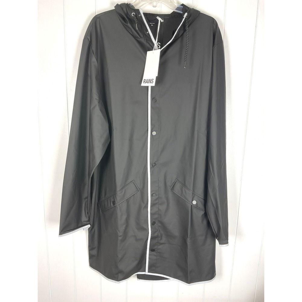 Rains Long Black Waterproof Hooded Raincoat Jacket‎ XL